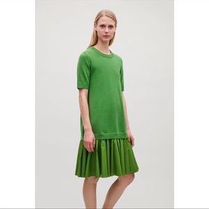 COS Green Pleated Skirt Cotton Knit Dress